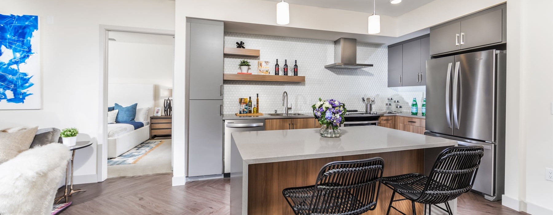 kitchen with an island, ample counter space and modern appliances